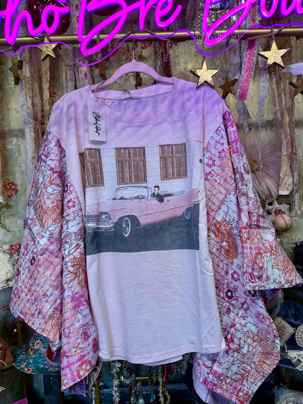 ELVIS -The King Boho Graphic Pink Tee with Floral KANTHA Kimono Sleeves
